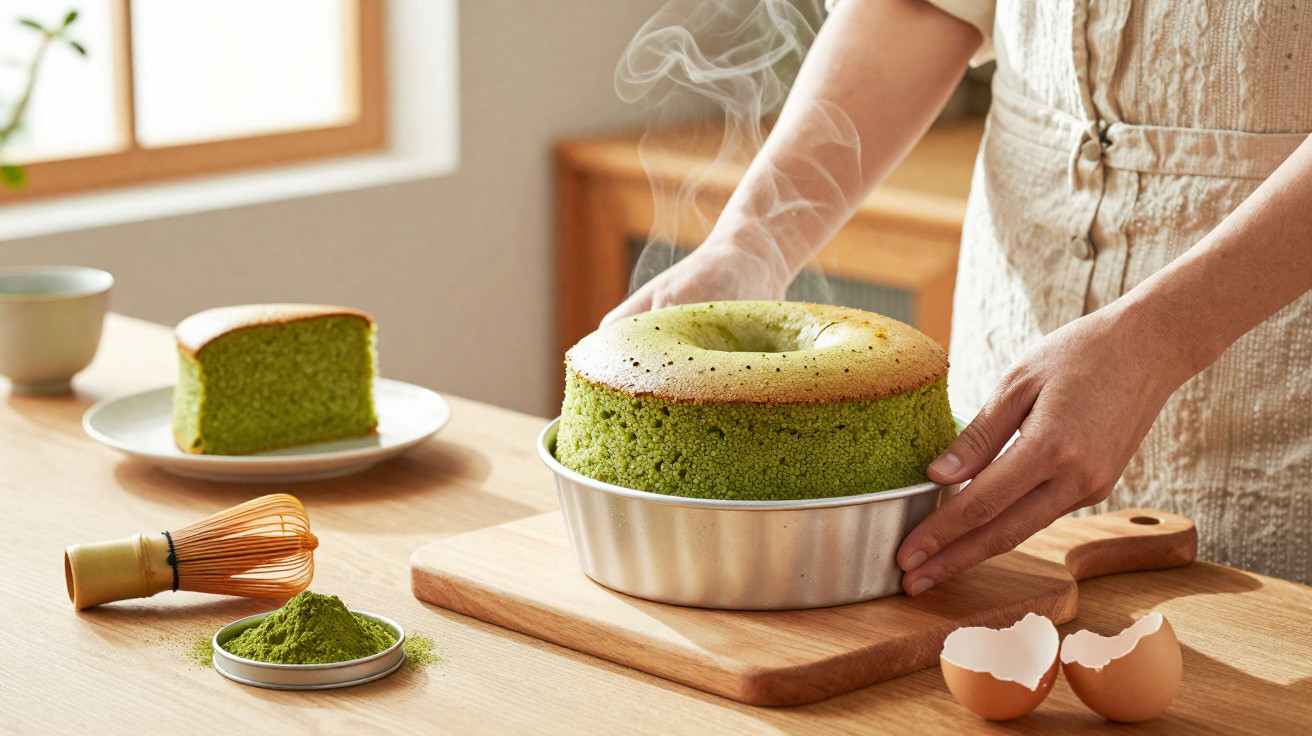 Pessoa a retirar do forno um bolo verde quente em forma de anel, com um pedaço cortado e pó verde sobre a mesa.