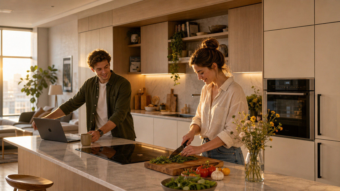 Casal jovem cozinha junto numa cozinha moderna e bem iluminada, com laptop e flores na bancada.