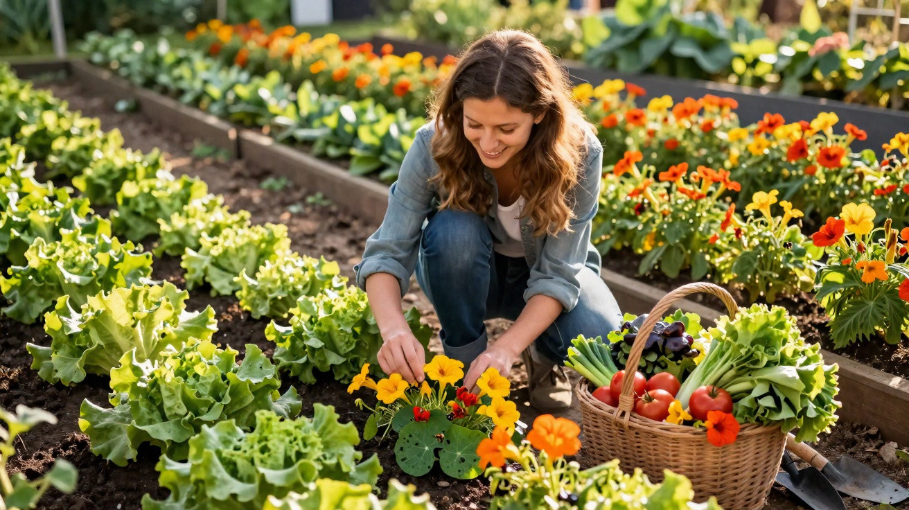 Mulher a cuidar de flores amarelas no jardim, com cesta de legumes e verduras ao lado.