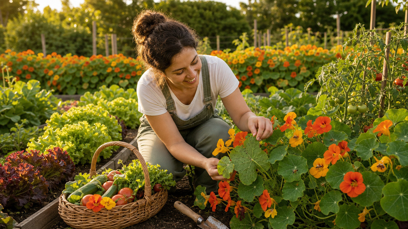 Mulher a cuidar de flores laranjas num jardim, com cesta de legumes frescos ao lado, ao pôr do sol.
