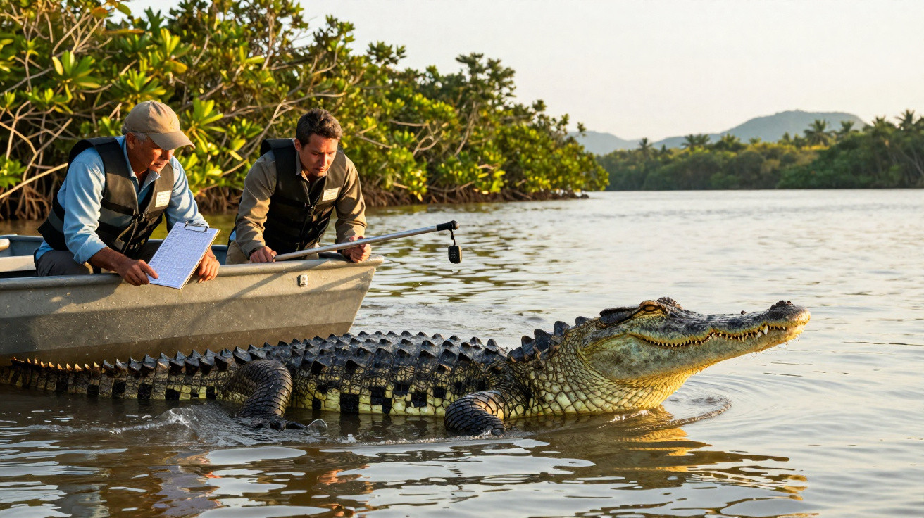 Dois homens num barco a recolher dados de um crocodilo numa zona alagada com árvores ao fundo.