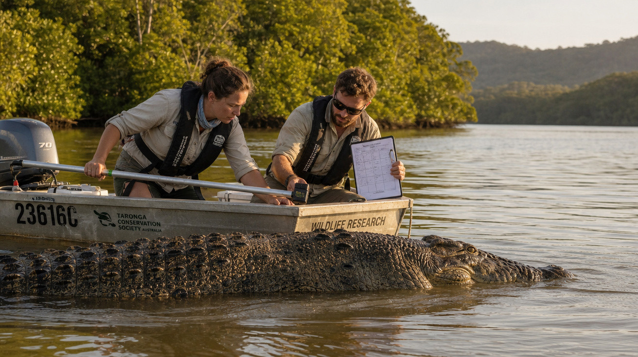 Dois investigadores em barco de pequenas dimensões a observar um crocodilo na água junto a margens arborizadas.