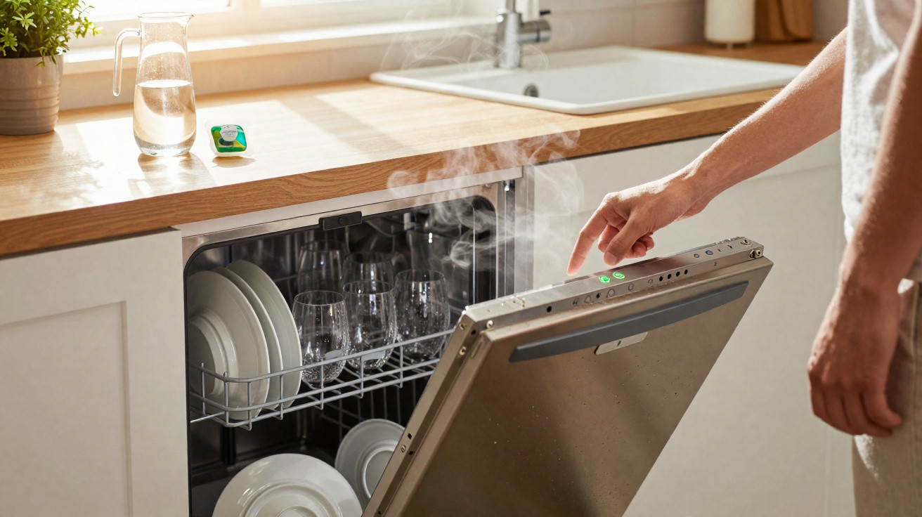 Pessoa a abrir máquina de lavar loiça com pratos e copos no interior, em cozinha clara e arejada.