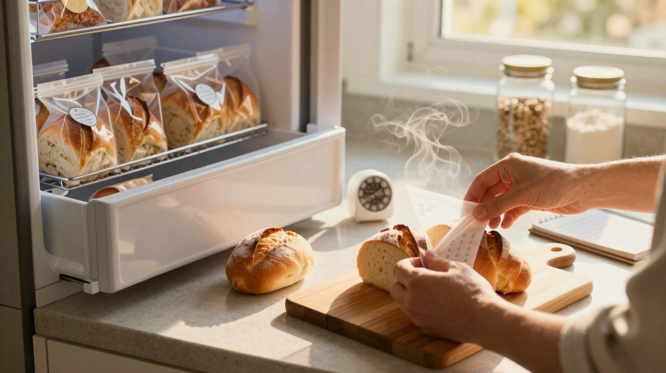 Mãos a cortar pão fresco quente numa tábua de madeira com saco de pão embalado na prateleira ao fundo.
