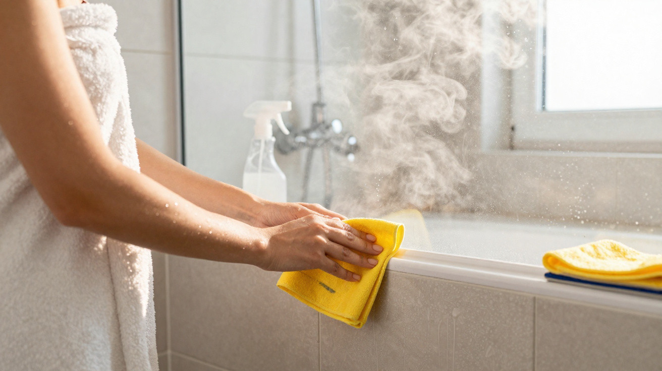 Pessoa a limpar espelho em casa com pano amarelo, com vapor e spray visíveis, em ambiente de casa de banho.