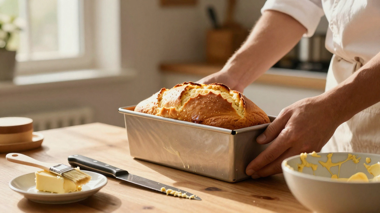 Pessoa a retirar pão acabado de cozer numa forma metálica numa cozinha iluminada por luz natural