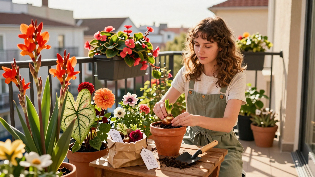 Mulher a plantar flores num vaso de barro num terraço com várias plantas e flores coloridas.