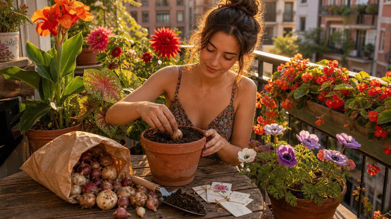 Mulher a plantar cebolas em vaso numa varanda ensolarada cheia de flores coloridas e vasos de barro.