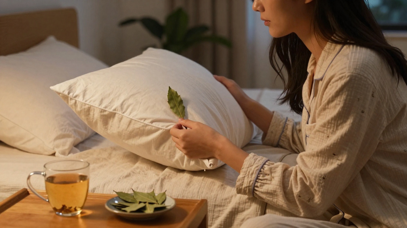 Mulher em pijama segura folha de louro junto a almofada numa cama, com chá e mais folhas numa bandeja perto.