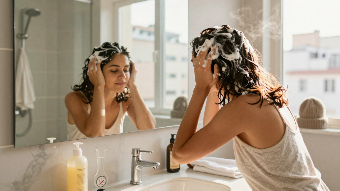 Mulher a lavar o cabelo com espuma junto à pia de uma casa de banho iluminada por luz natural.
