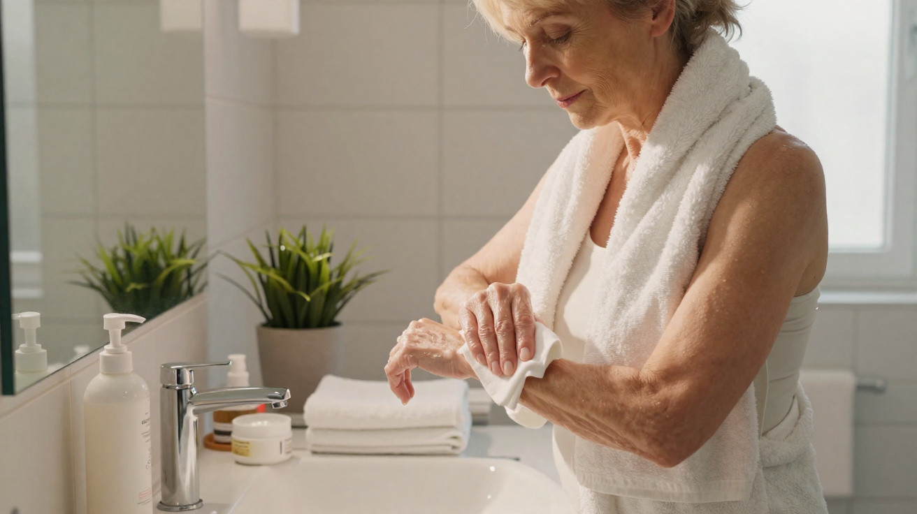 Mulher idosa com toalha ao ombro limpa o braço com pano no lavatório de casa de banho.