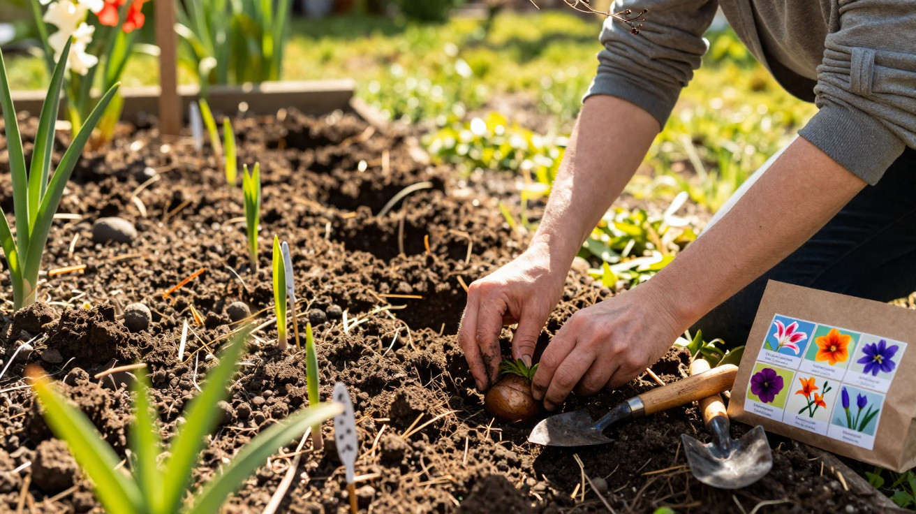 Pessoa a plantar bolbos de flores no solo de uma horta com ferramentas de jardinagem ao lado.