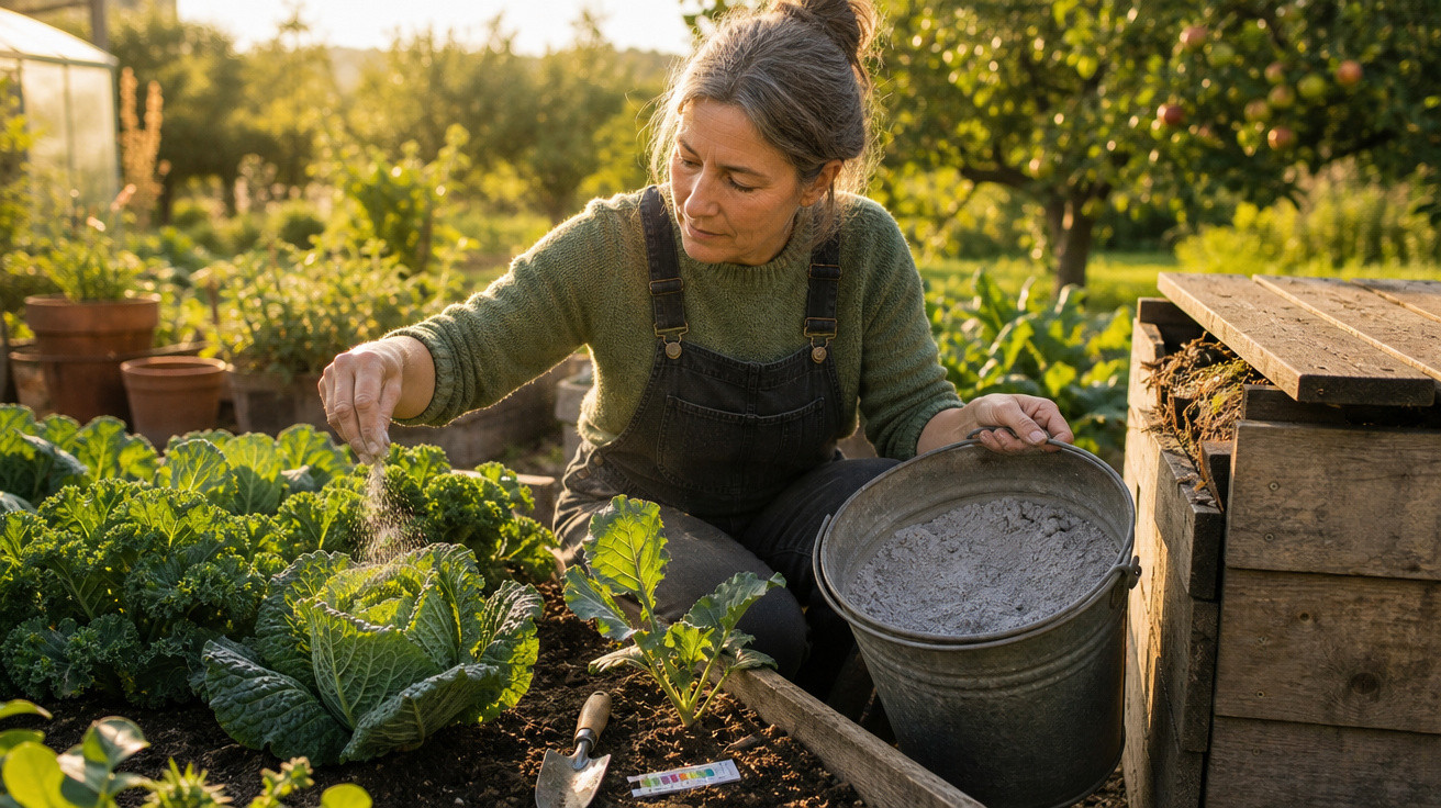 Mulher a espalhar fertilizante em plantas de couve numa horta no final da tarde.