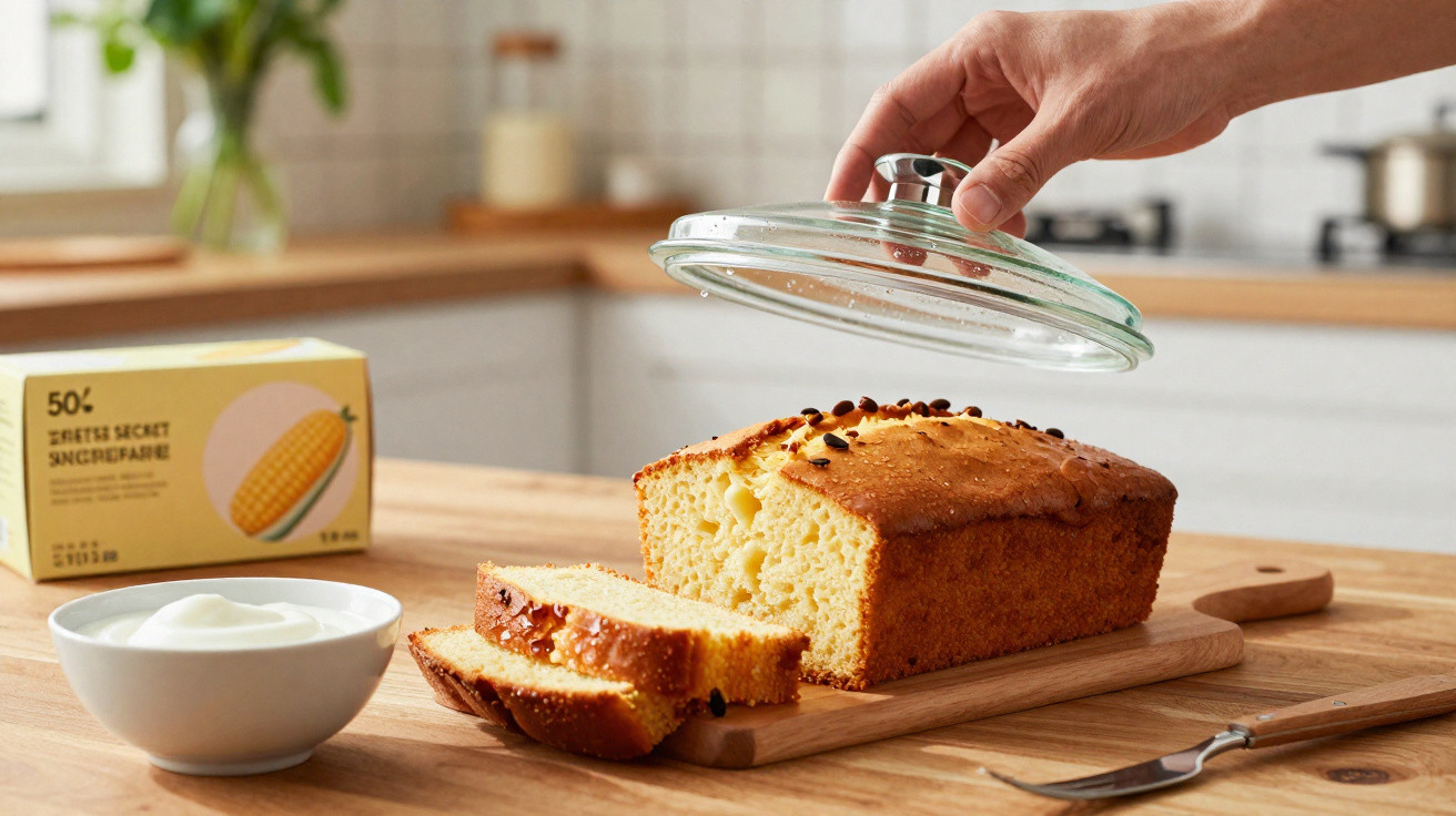 Pão de milho fatiado numa tábua de madeira, com uma mão a levantar a tampa de vidro numa cozinha moderna.