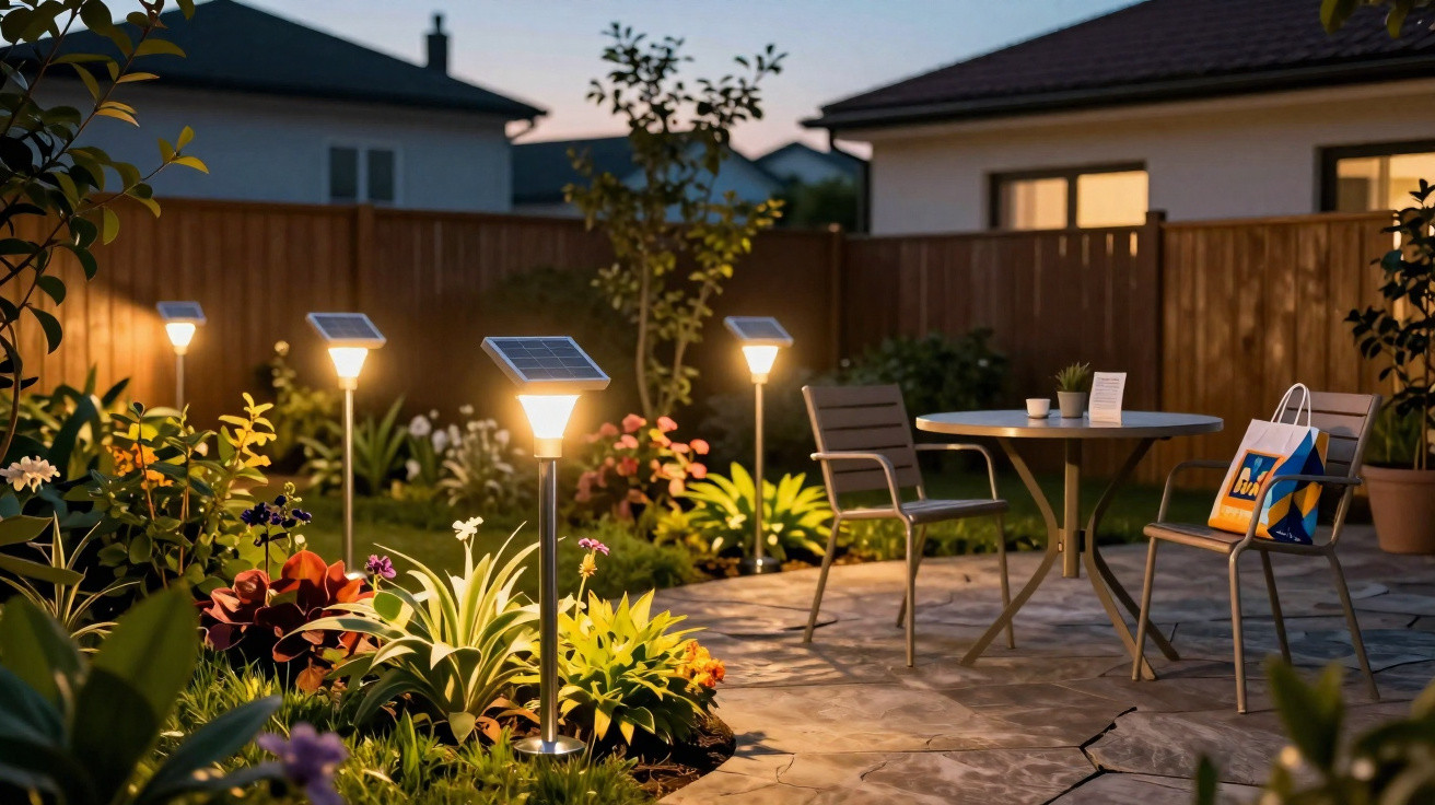 Jardim iluminado à noite com lâmpadas solares, plantas, mesa redonda e duas cadeiras.