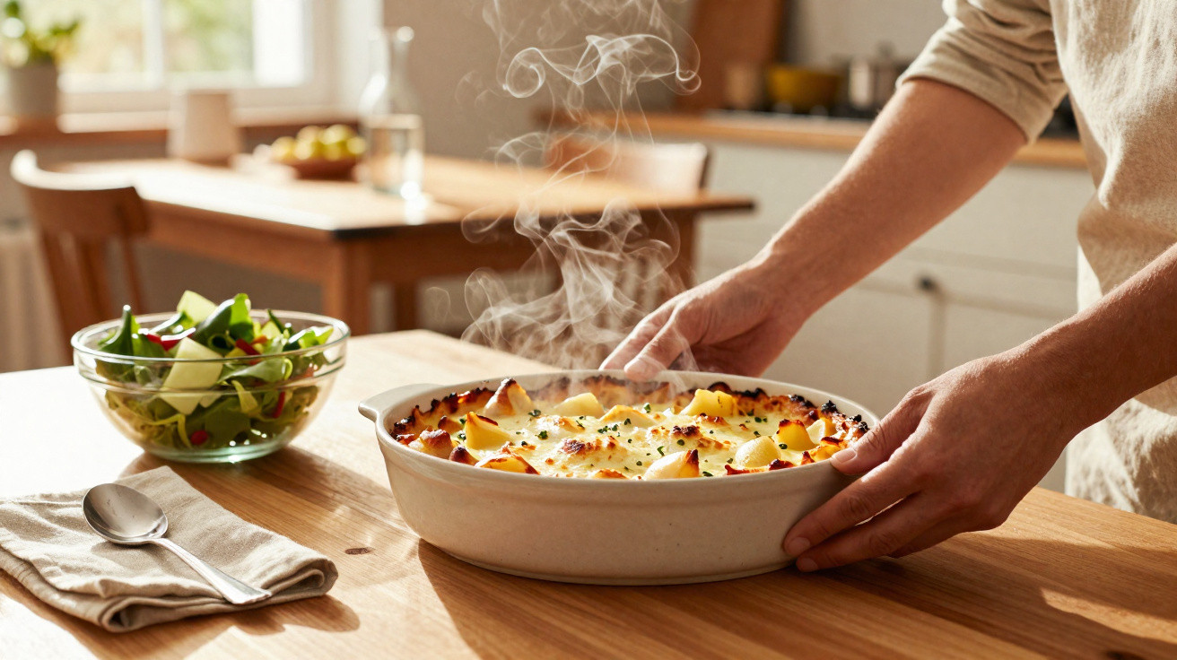 Pessoa a retirar do forno prato fumegante de gratinado com batatas e uma taça de salada ao lado numa mesa de cozinha.