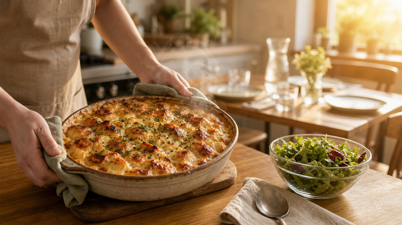 Pessoa a servir um prato de gratinado quente numa mesa de madeira com salada verde e ambiente ensolarado.
