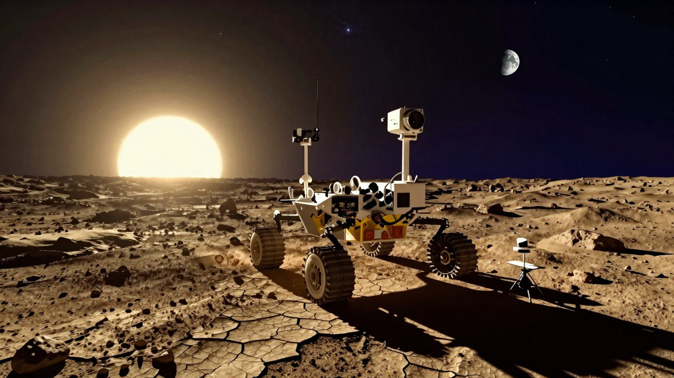 Rover exploratório na superfície árida de um planeta com sol nascente e lua visível no céu noturno.