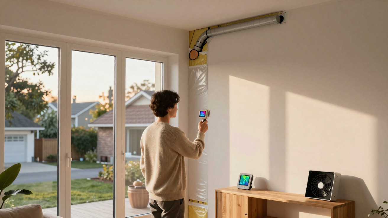 Homem controla sistema de ventilação numa sala iluminada com janelas amplas ao entardecer.