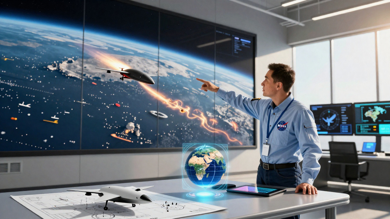 Homem em uniforme NASA observa e aponta para simulador de nave espacial com mapa do planeta Terra na mesa.