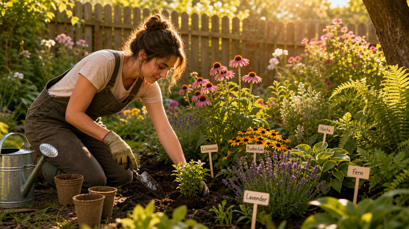 Mulher a cuidar do jardim com várias plantas e flores identificadas ao ar livre ao pôr do sol.
