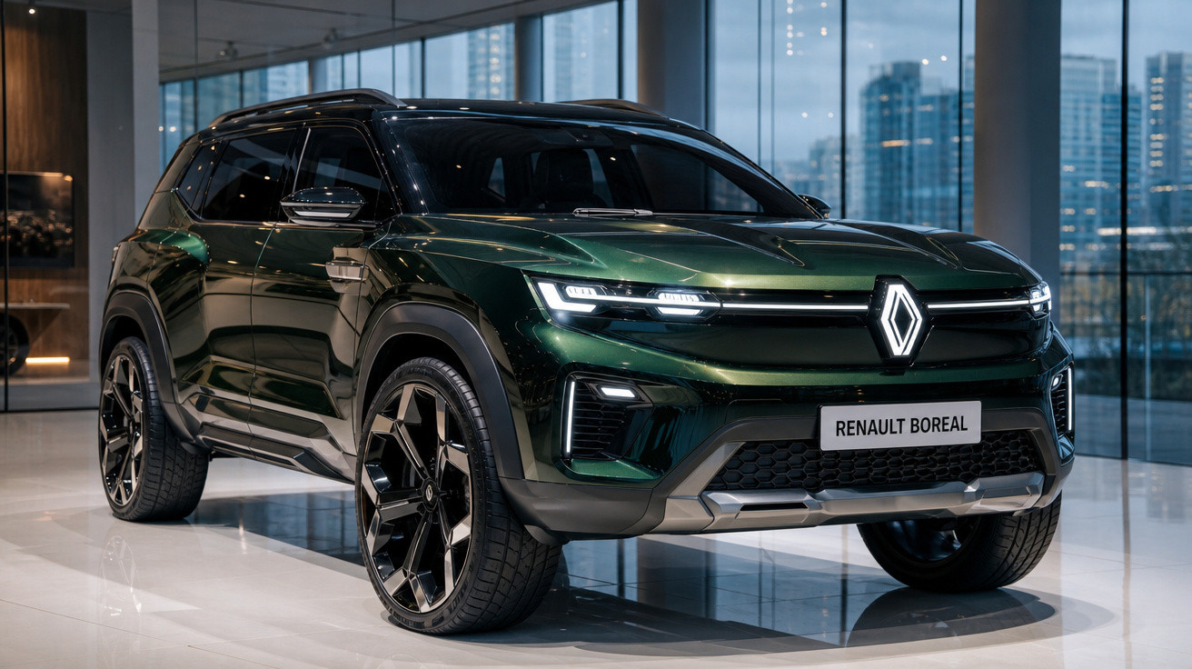SUV Renault Boreal verde escuro com design moderno, em exposição numa sala com paredes de vidro.
