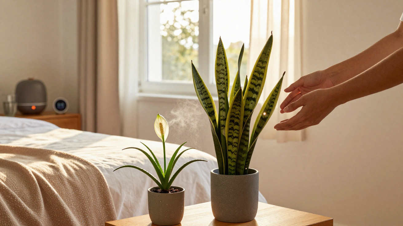 Duas plantas em vasos cinzentos numa mesa de madeira ao lado de uma cama num quarto iluminado.