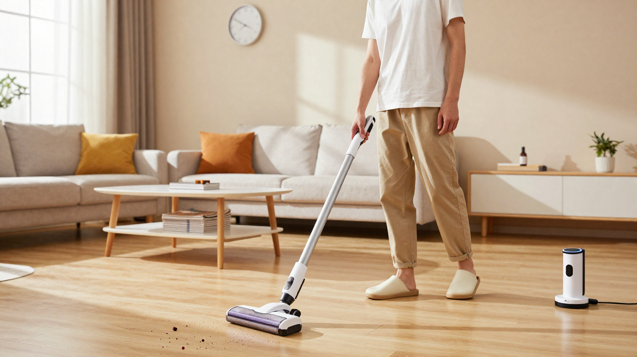 Pessoa a limpar chão de madeira na sala com aspirador vertical sem fios branco.