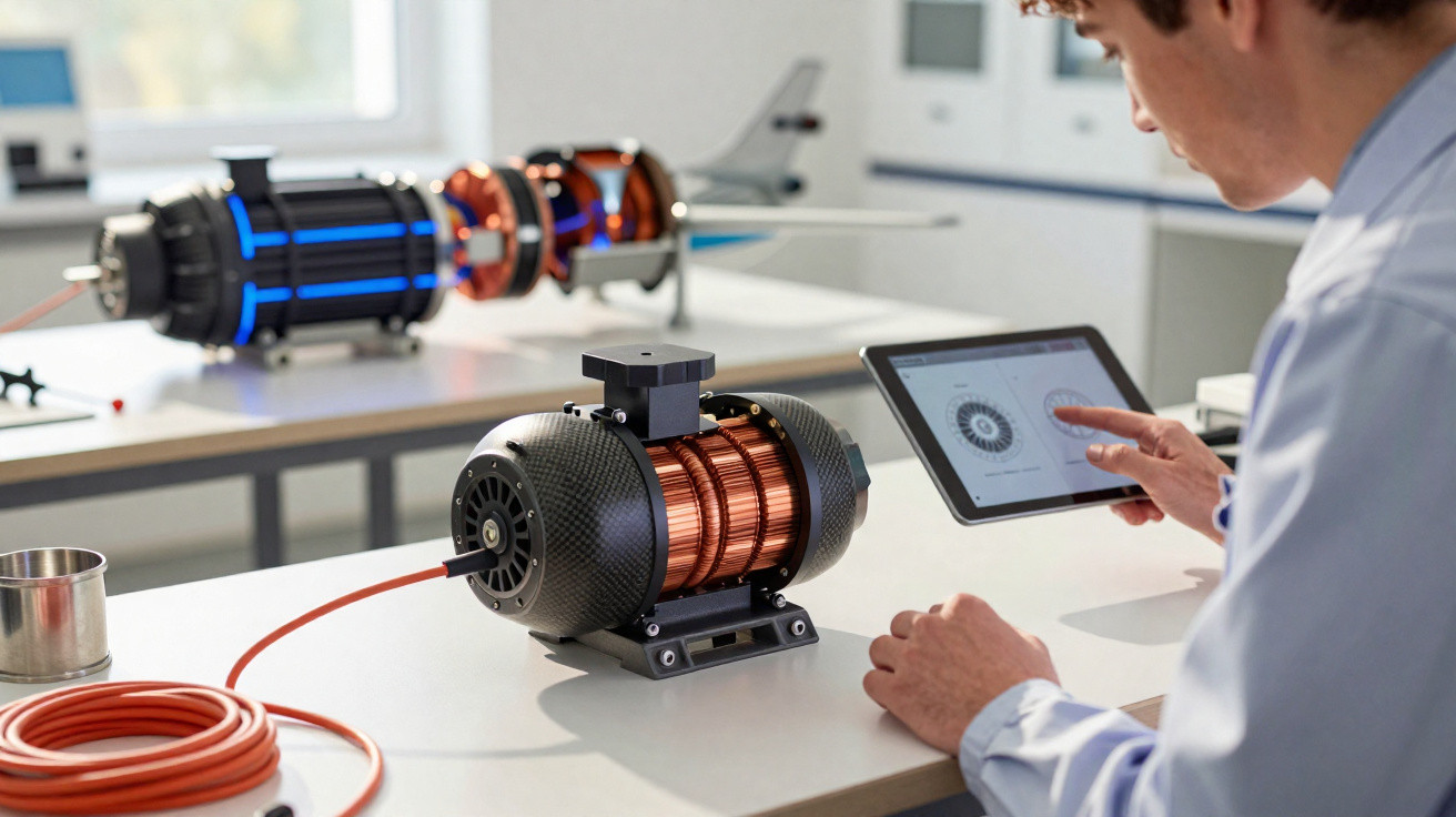 Engenheiro analisa dados de motor elétrico com bobinas de cobre numa oficina moderna.