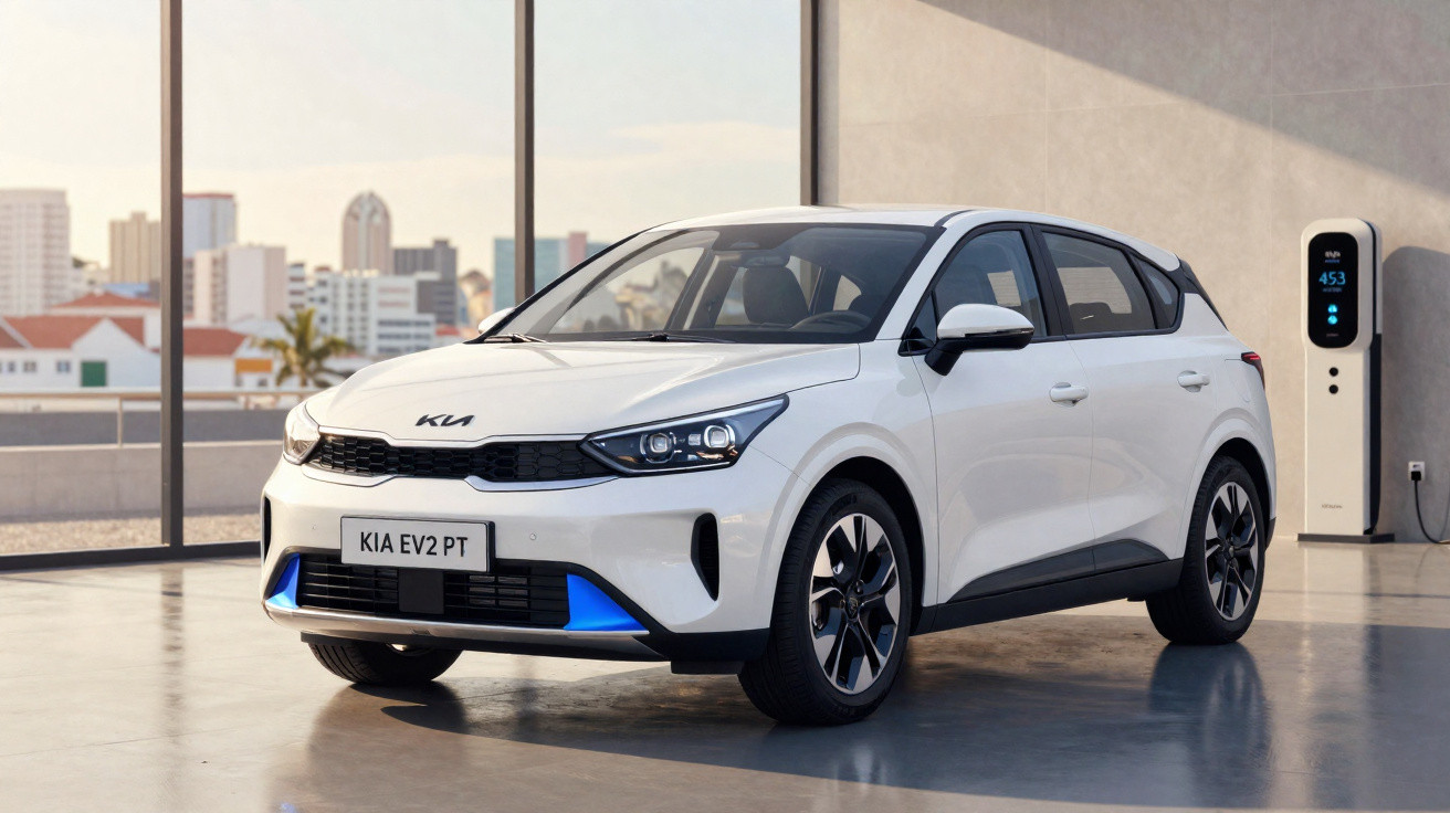 Carro elétrico branco Kia EV2 estacionado junto a um posto de carregamento numa garagem moderna.