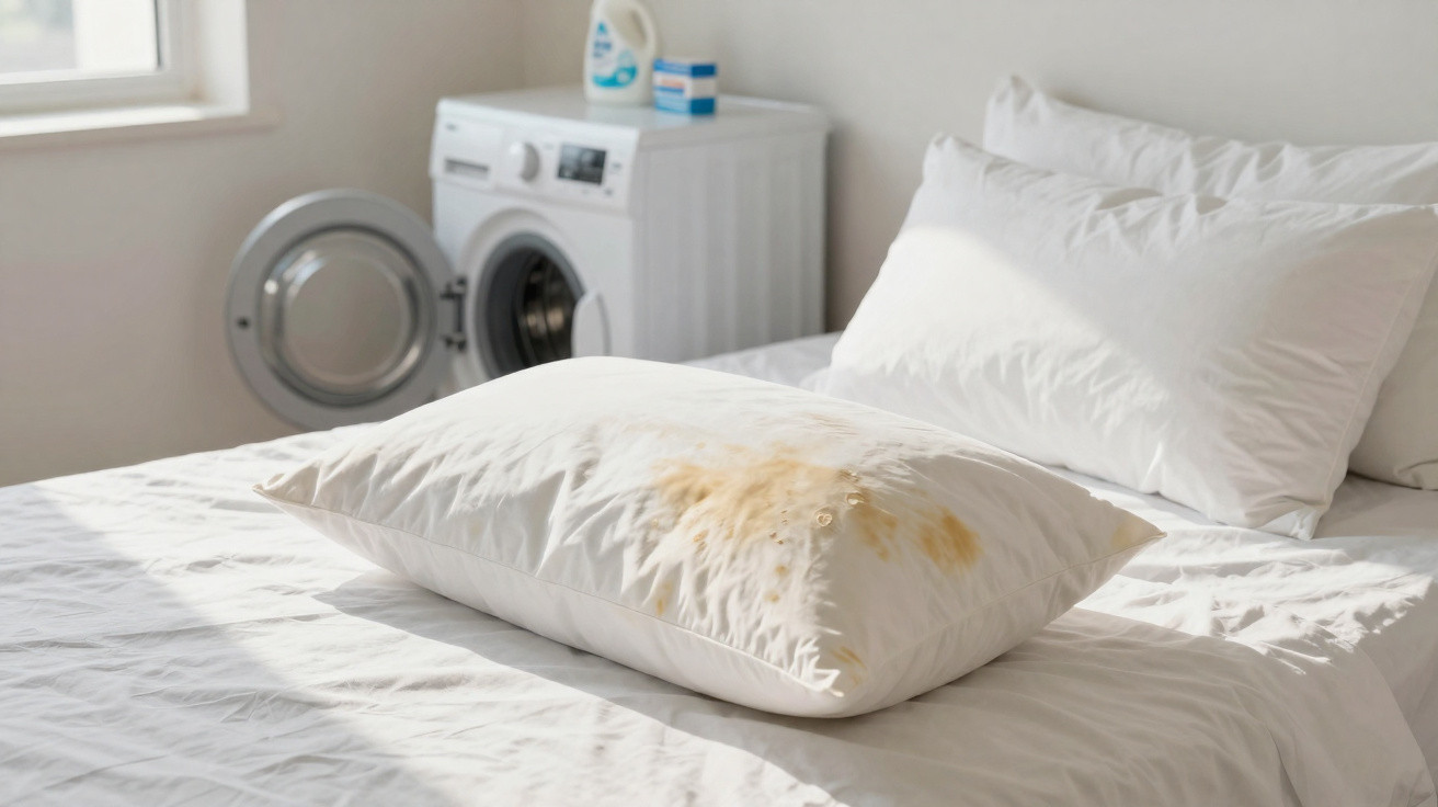 Travesseiro branco com manchas amarelas sobre cama branca, máquina de lavar roupa ao fundo.
