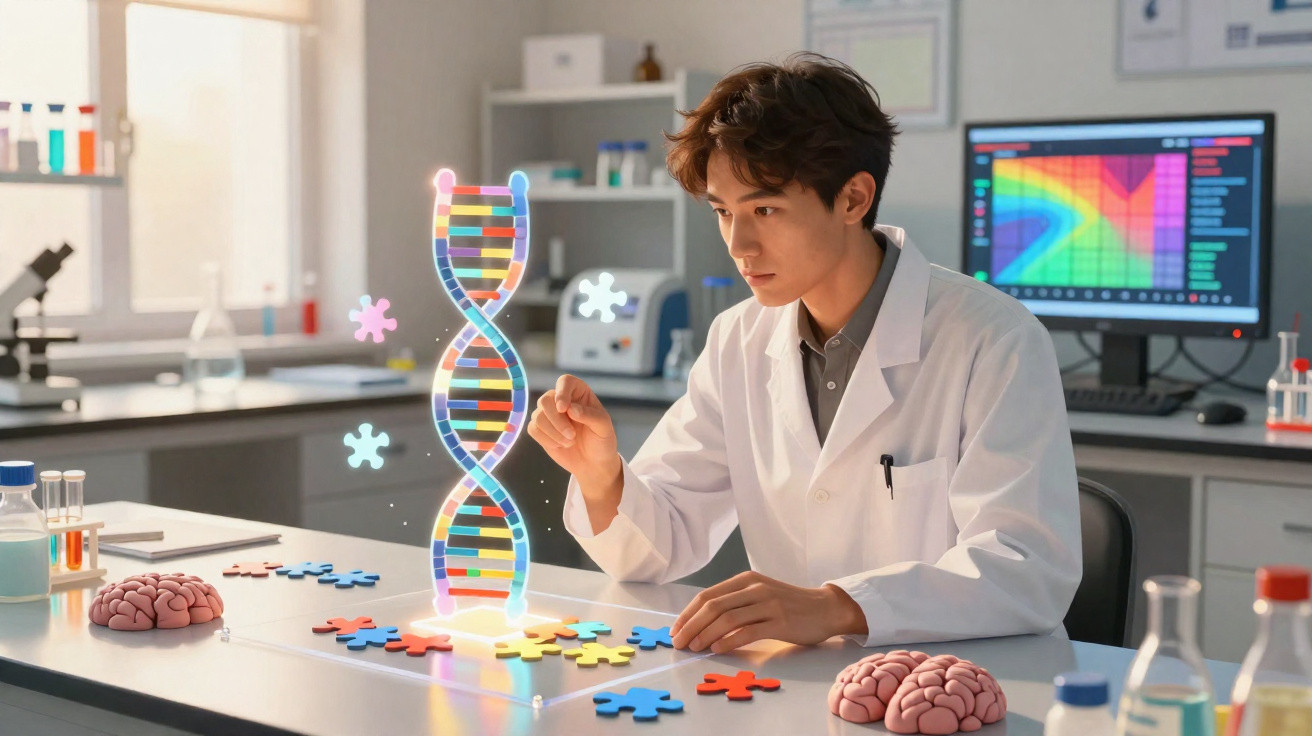 Cientista em laboratório a analisar modelo de ADN em 3D com peças de puzzle coloridas na mesa.
