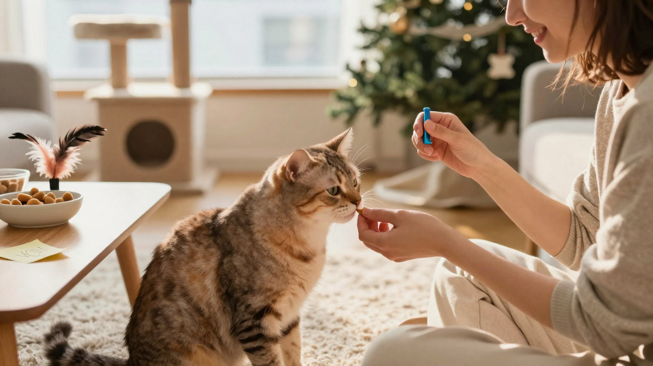 Mulher a dar comprimido a gato num ambiente acolhedor com árvore de Natal ao fundo.