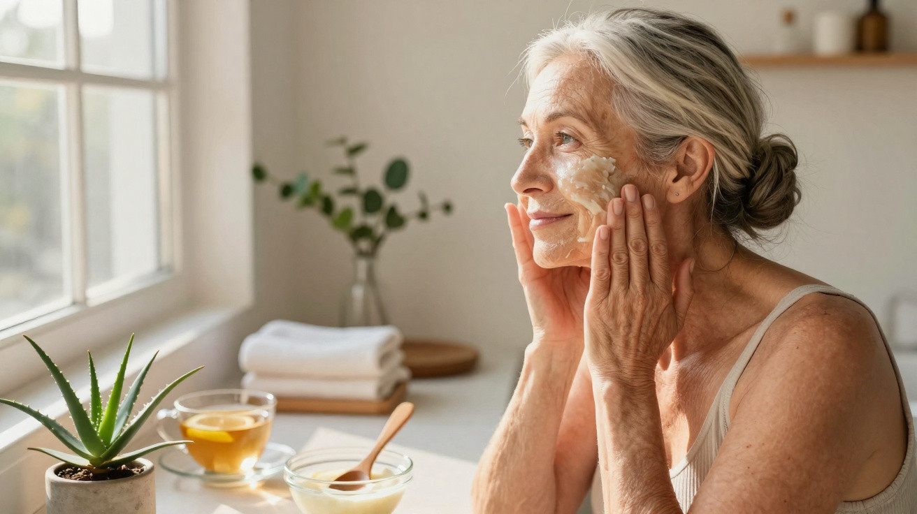 Mulher sénior a aplicar creme hidratante no rosto junto a uma mesa com chá, plantas e toalhas.