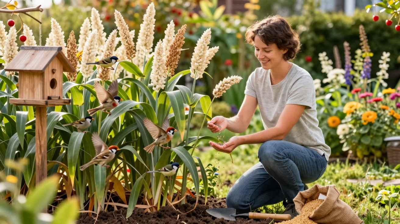 Mulher sorridente alimenta pássaros num jardim colorido com flores e casa de aves de madeira.