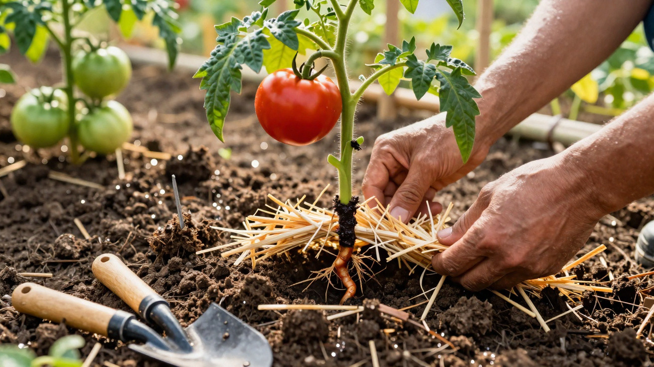 Mãos a colocar palha à volta de uma planta de tomate com tomate maduro no solo de uma horta.