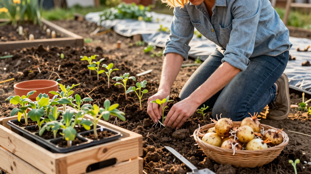 Pessoa a plantar mudas numa horta, com cesta de batatas ao lado, em dia ensolarado.