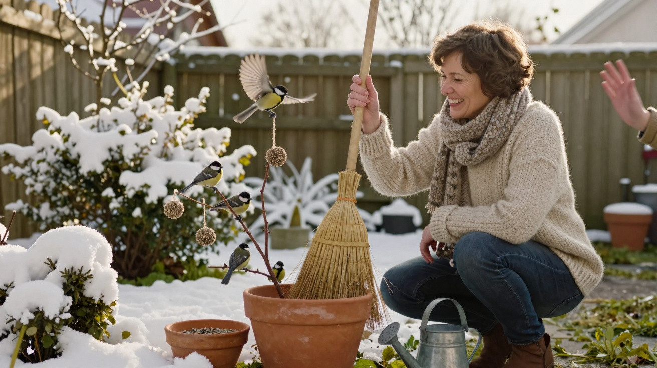 Mulher sorridente agacha-se junto a vasos de flores com neve, alimentando pardais no jardim de inverno.