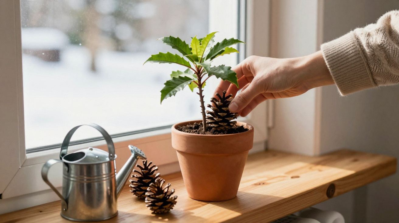 Mão coloca pinha num vaso com planta junto a janela, regador metálico e pinhas na madeira.