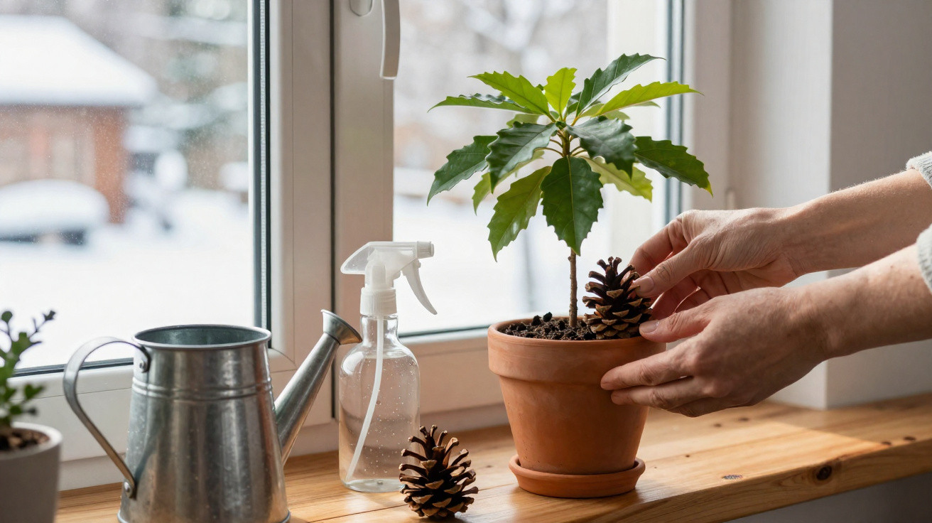 Mãos a colocar pinha numa planta em vaso castanho, perto de regador e borrifador numa janela com vista para neve.