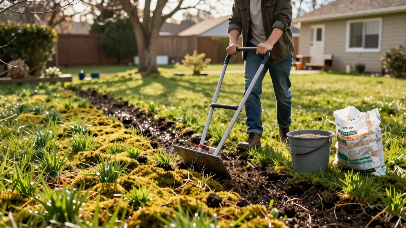 Pessoa a cultivar jardim com enxada em área gramada junto a casa numa tarde ensolarada.