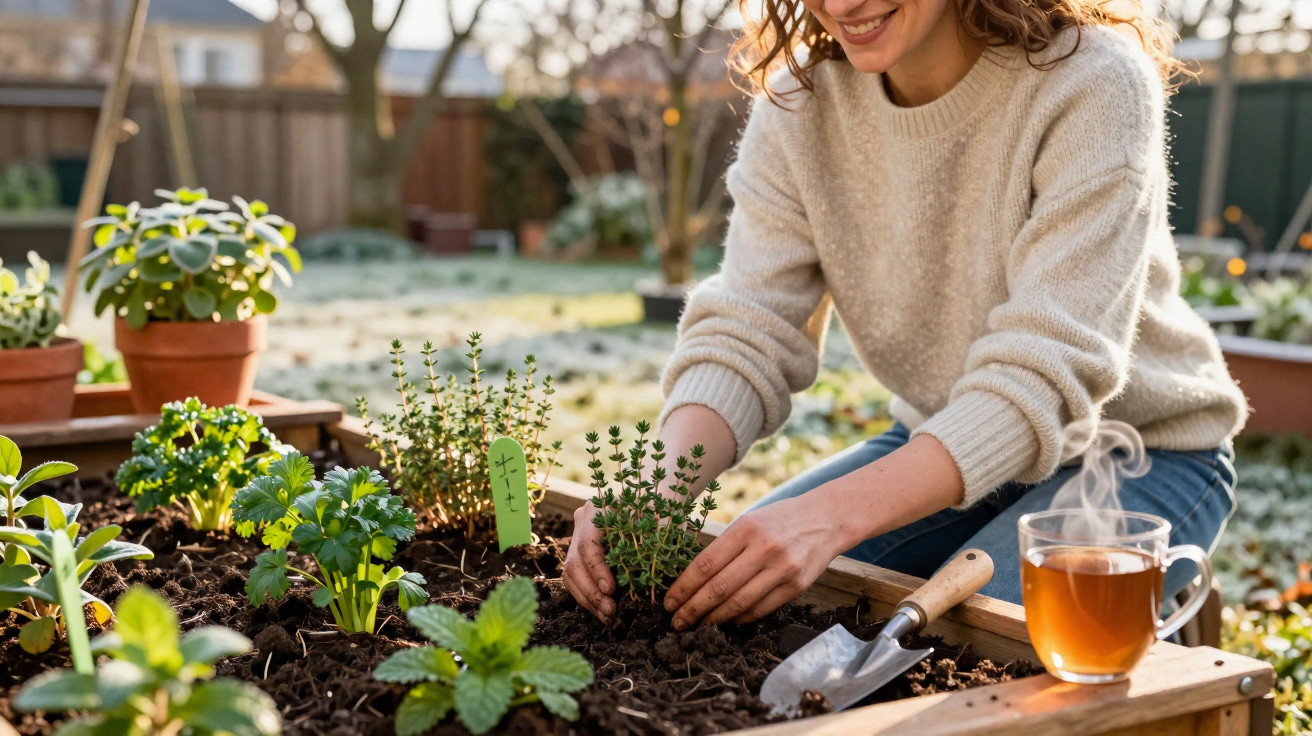Mulher a plantar ervas aromáticas numa horta elevada ao ar livre numa manhã ensolarada.