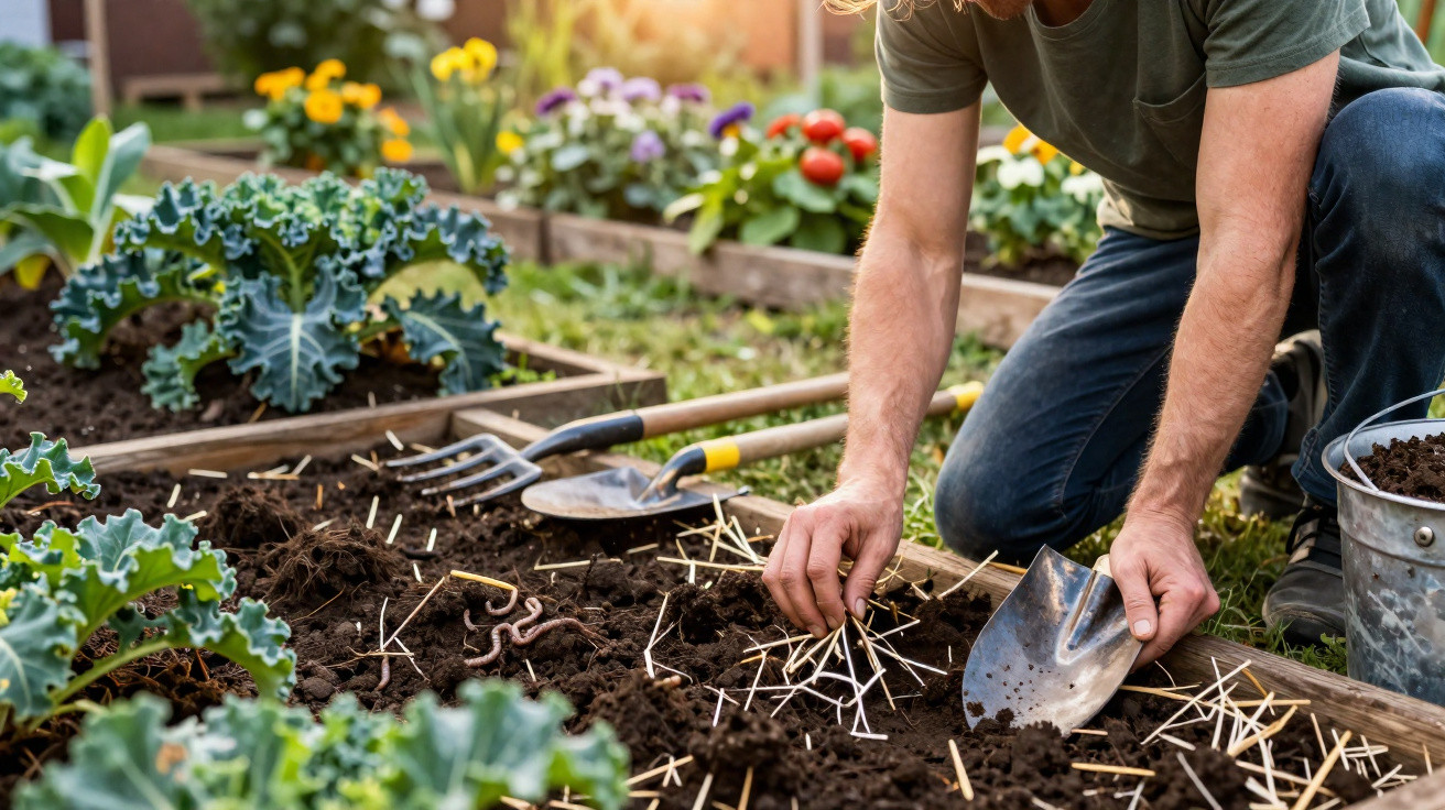 Pessoa a cultivar uma horta, usando enxada e cultivando terra à mão em canteiros com plantas e flores.