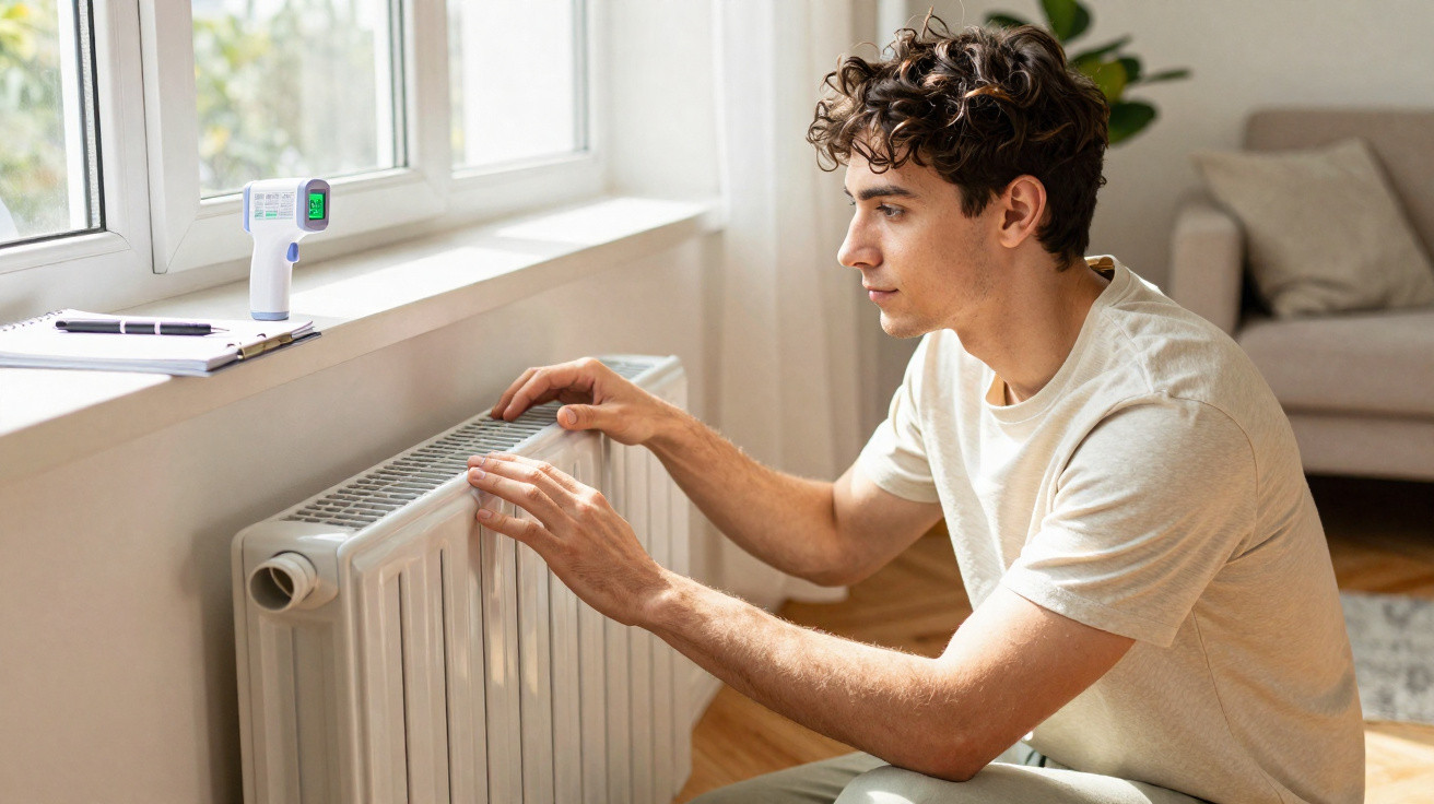 Homem jovem verifica e toca em radiador numa sala com luz natural e termómetro digital na janela.