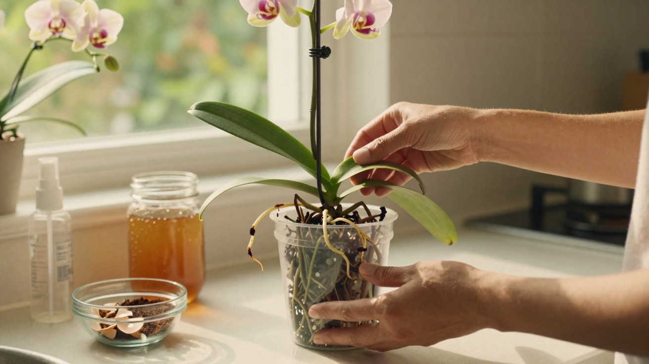 Pessoa a cuidar de orquídea em vaso transparente junto a janela com objetos no balcão.