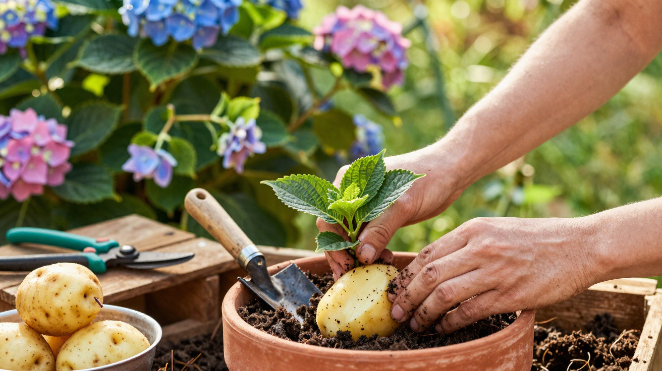 Pessoa a plantar batata num vaso com terra, rodeada por flores coloridas num jardim.