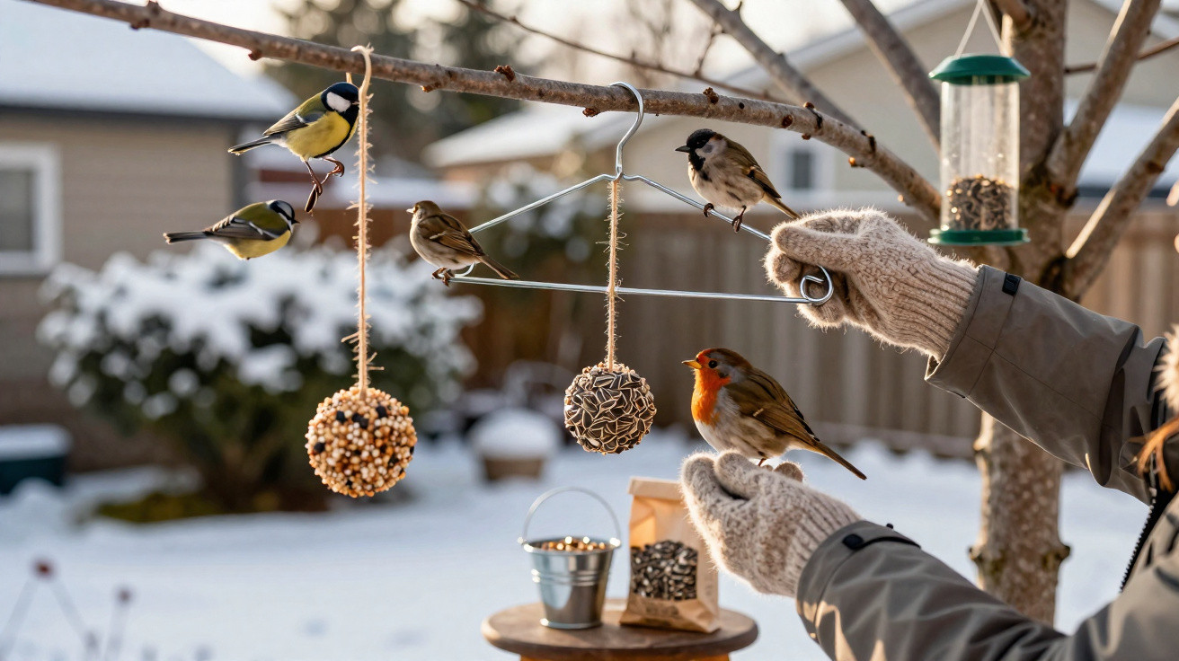 Pássaros a alimentarem-se em bolas de sementes penduradas numa árvore em dia de neve.