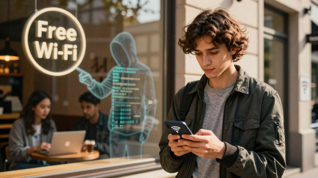 Jovem usa telemóvel na rua perto de café com sinal de Wi-Fi gratuito e figura digital de hacker na janela.