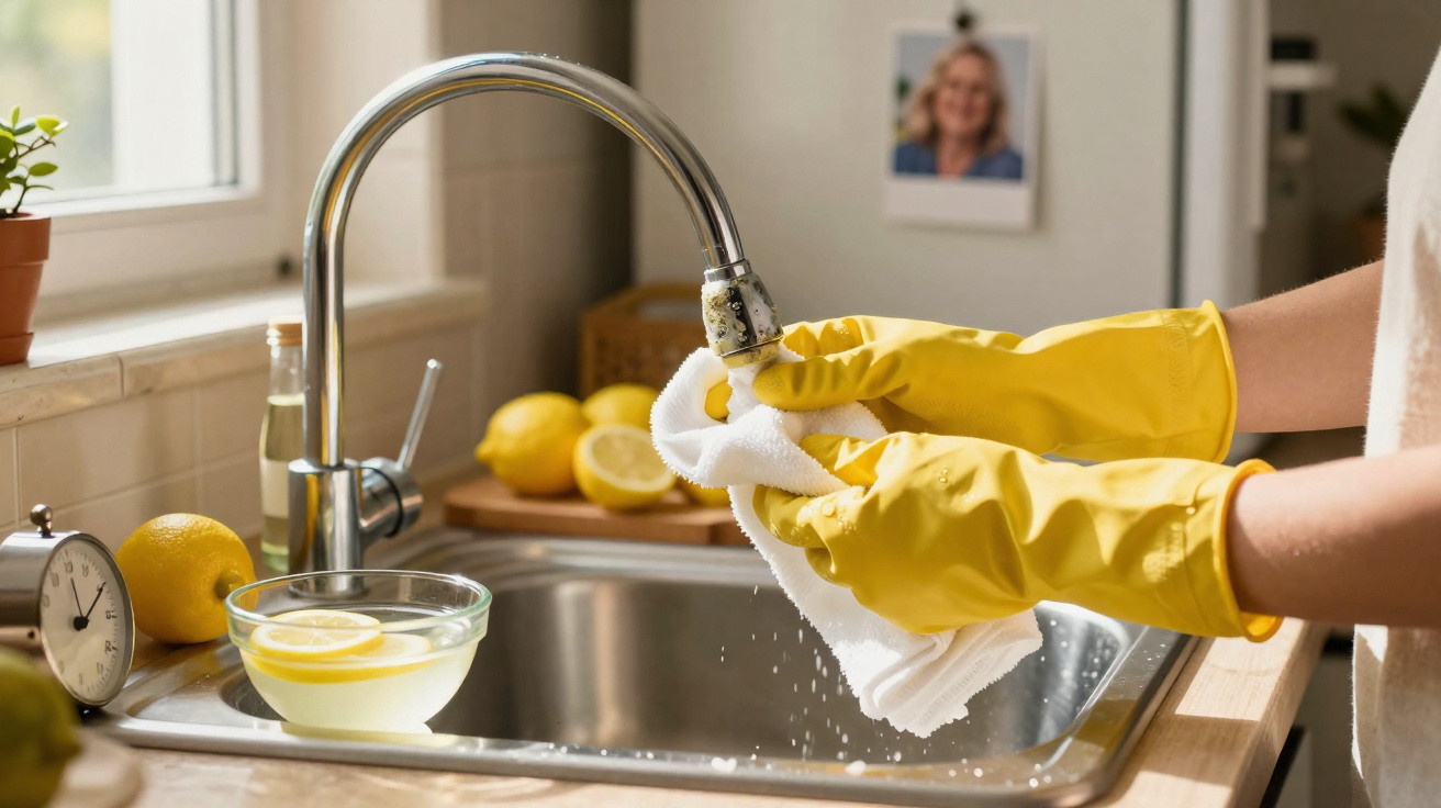 Mãos com luvas amarelas a limpar torneira de cozinha com pano branco, limões e tigela ao lado.