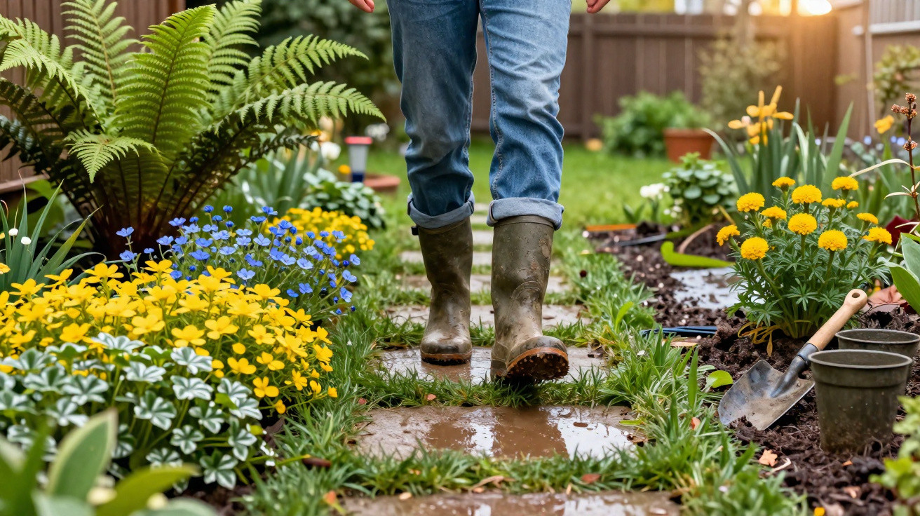 Pessoa a usar botas de borracha a caminhar num caminho de pedra num jardim florido depois da chuva.